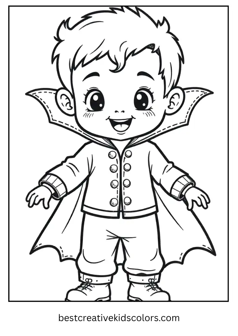 A little vampire smiles and shows friendly fangs.