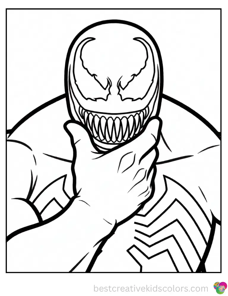 Venom rests a hand thoughtfully on his chin, lost in playful thought, perfect for imaginative young artists.