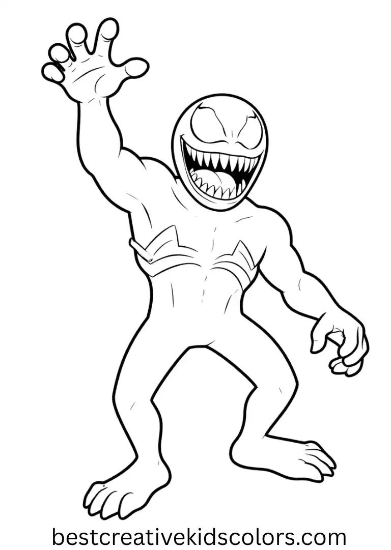 One page of a Venom coloring book shows him stretching upward with smooth curves and a blank backdrop.