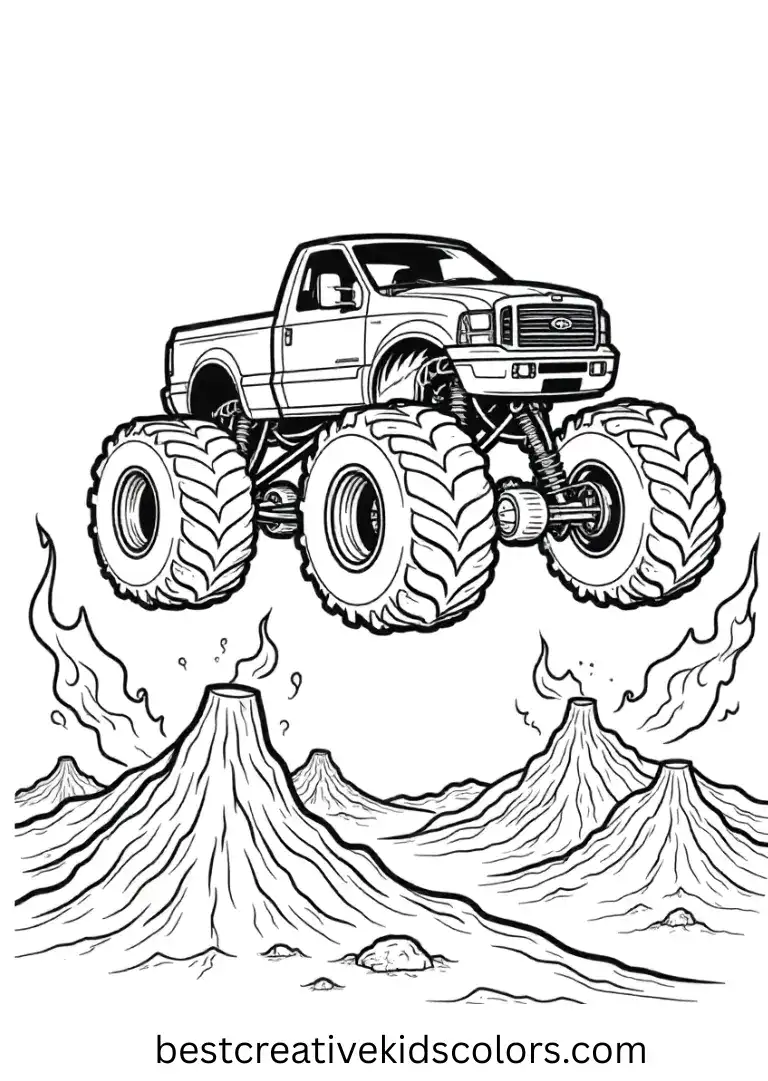 A fiery truck leaps over small volcanic rocks. Clear lines keep coloring simple and enjoyable.