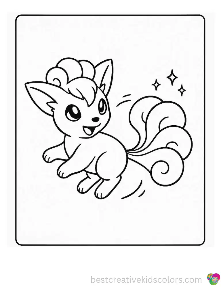 Vulpix spins playfully chasing its own fluffy tail, leaving a trail of tiny pink sparkles behind.