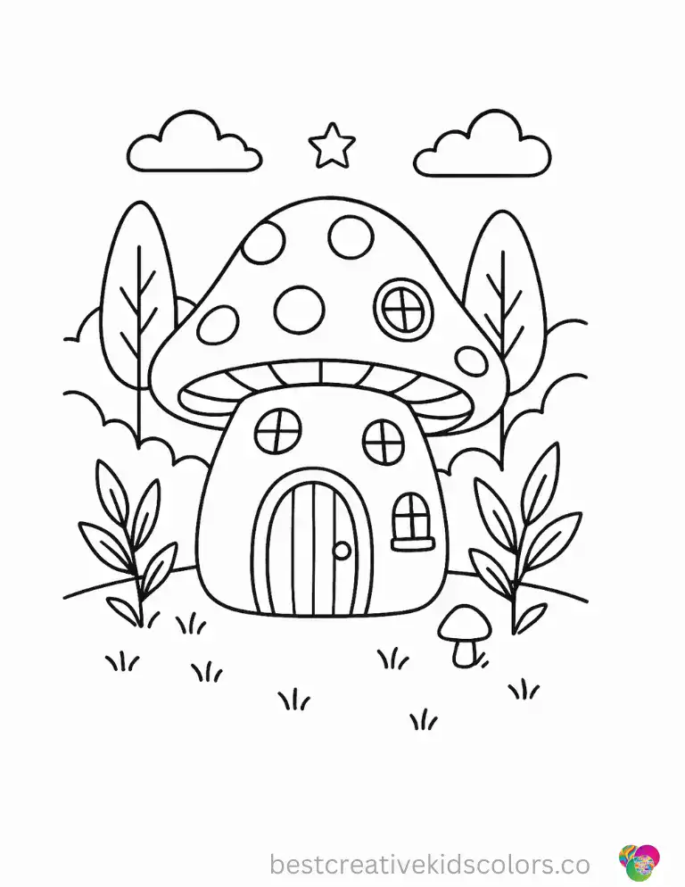 Whimsical Fairy Mushroom House Coloring Page presents a fairy-tale mushroom house with a tiny door and round windows in a dreamy forest.