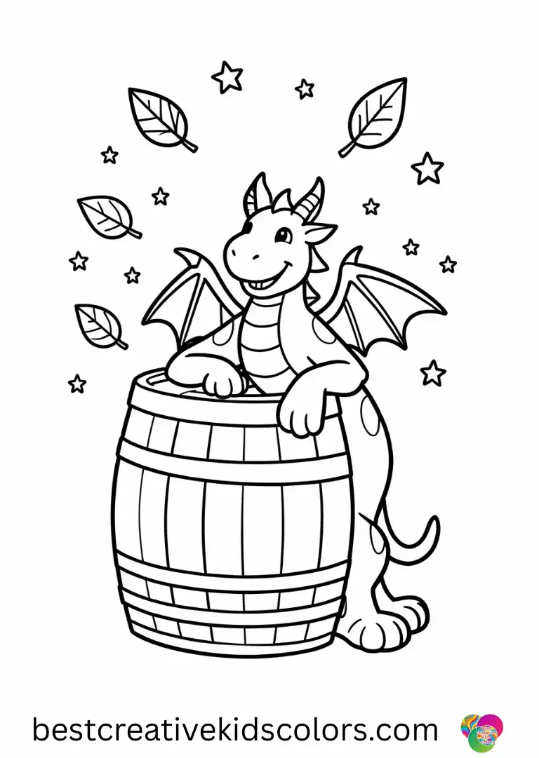 A smiling dragon decorates floating leaves with tiny stars in Wish dragon drawing cute.