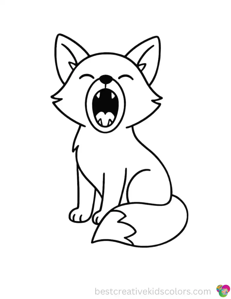 Yawning Fox Coloring Page Printable in A4 and Letter features a fox opening its mouth wide in a sleepy yawn while showing tiny teeth.