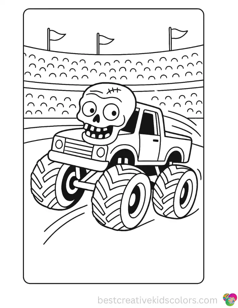 A playful zombie truck speeds around a stadium. Open outlines make coloring fun for beginners.