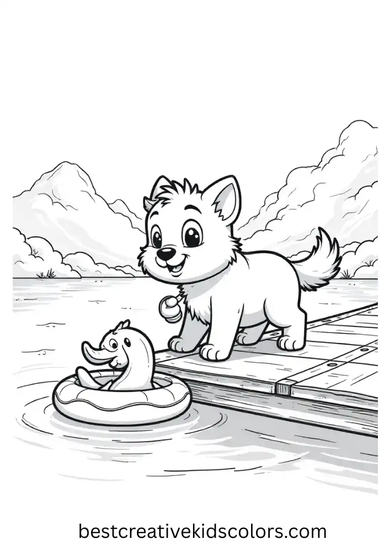 Zuma swims to retrieve a floating toy and bring it back to the dock.