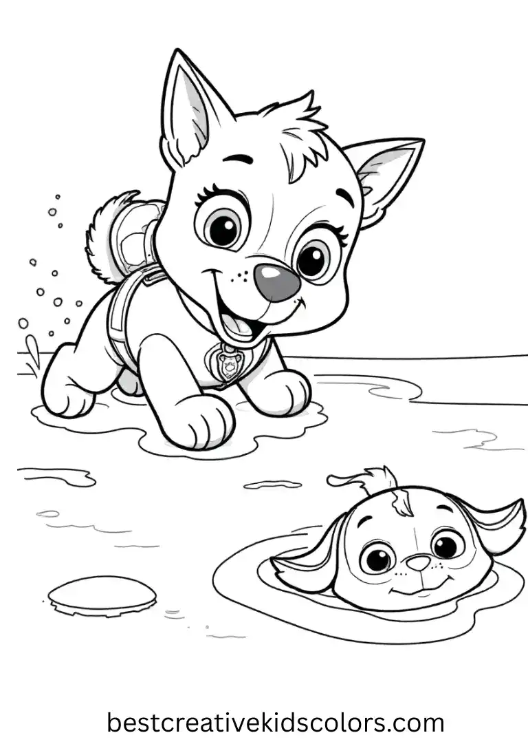 Zuma dives to save a toy drifting near the water’s edge.