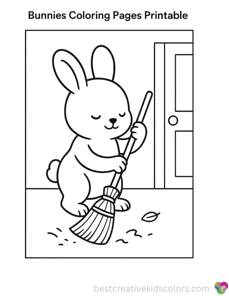 bunnies coloring pages printable displays a little rabbit sweeping the porch clean.