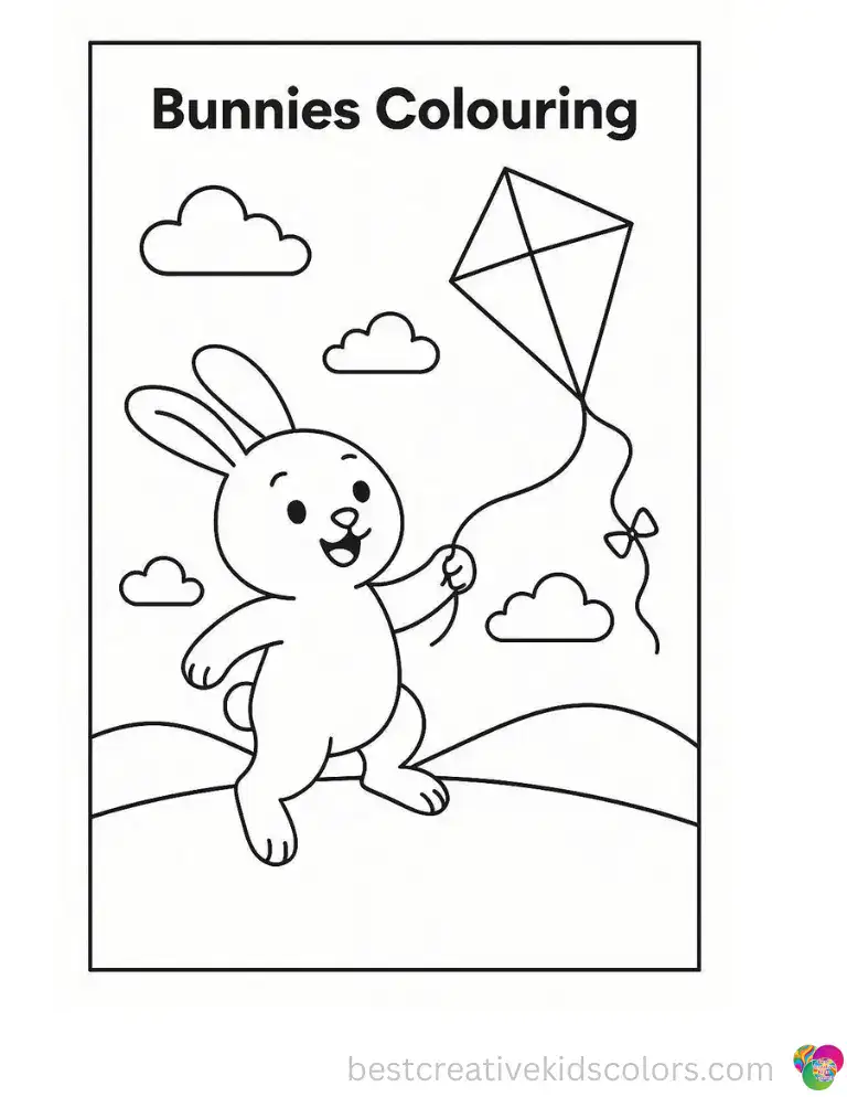 A brave rabbit in bunnies colouring flies a brightly colored kite in the clear sky.