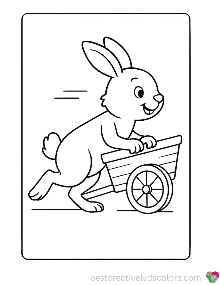 A fast little rabbit pushes a heavy wooden cart forward in bunny coloring page.