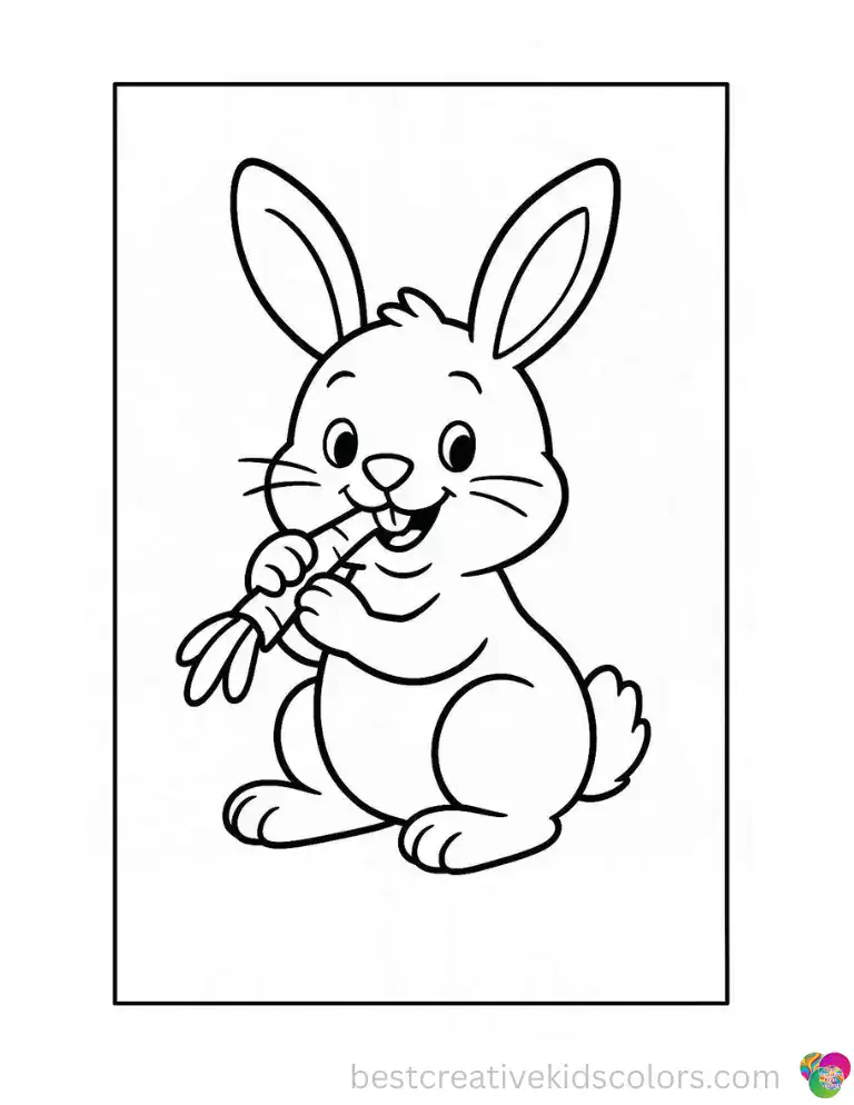 bunny coloring sheets free printable shows a happy rabbit chewing a thick crunchy stem.