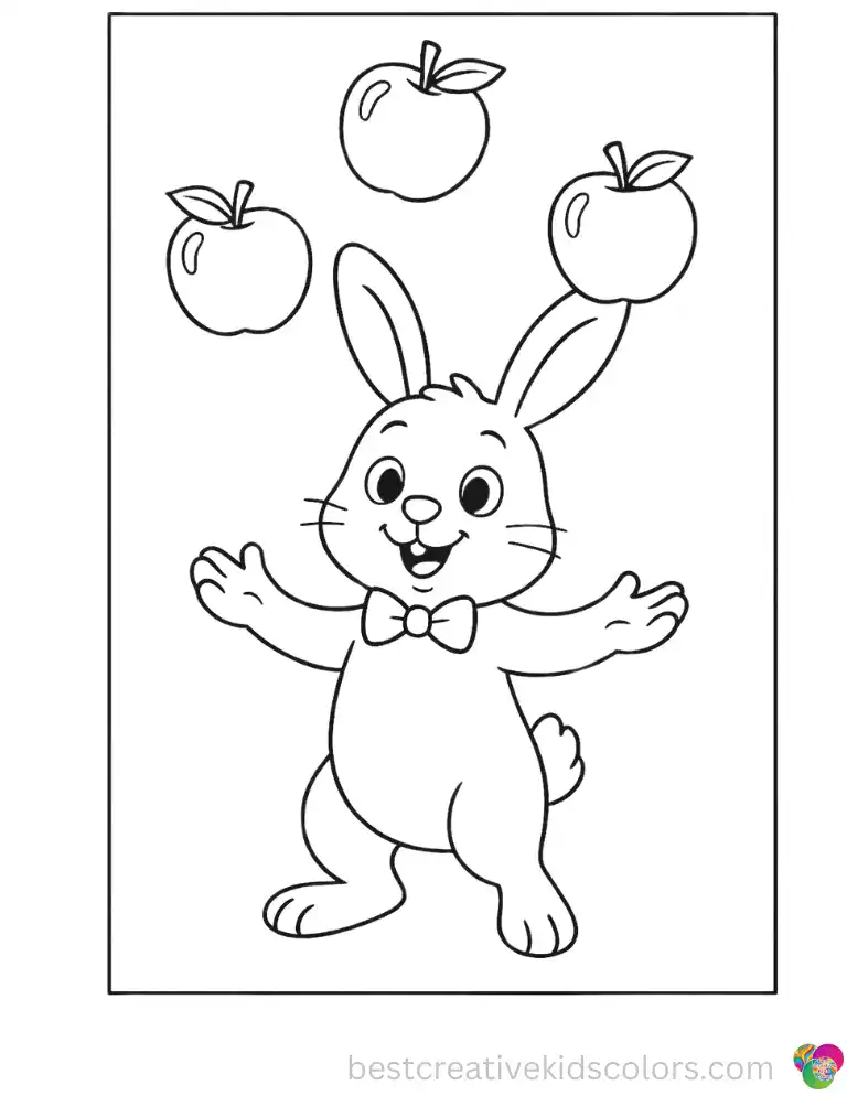 A talented rabbit juggles three shiny green apples high in bunny coloring sheets.