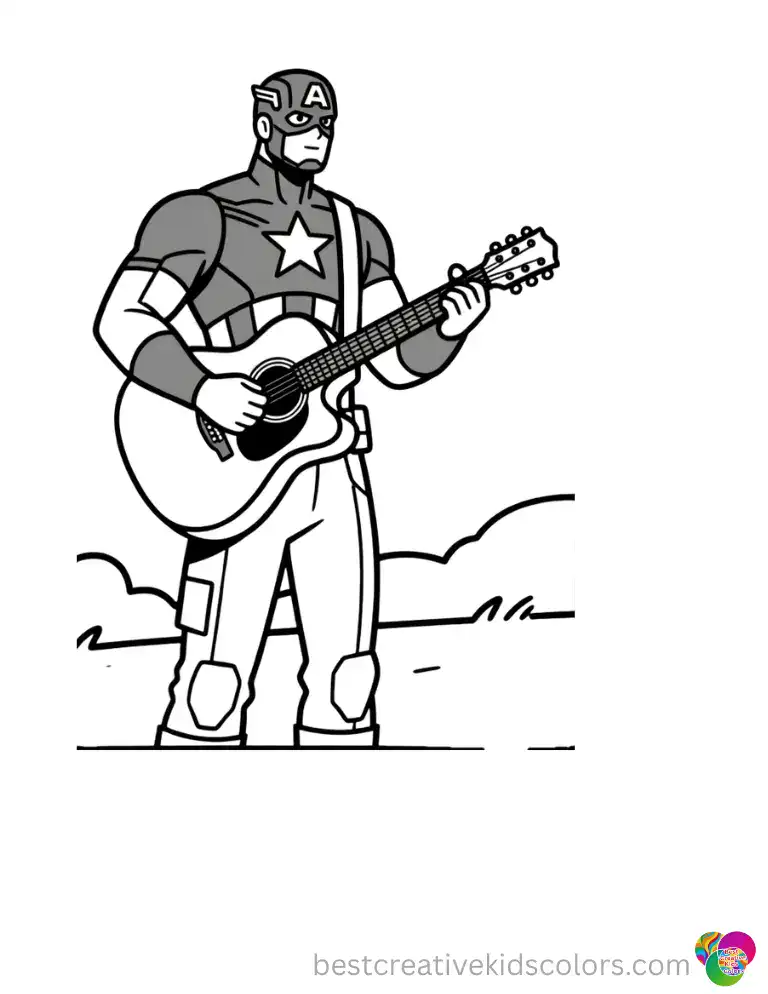 captain america printable of him strumming a wooden acoustic guitar smoothly outdoors.
