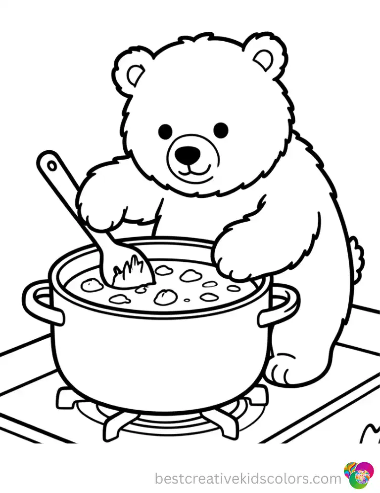 A fluffy bear stirs a big pot of soup in coloring pictures of fall on the stove.