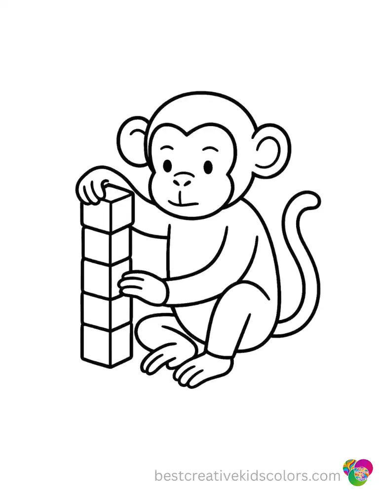 coloring sheet of monkey features a focused primate building a tall block tower.