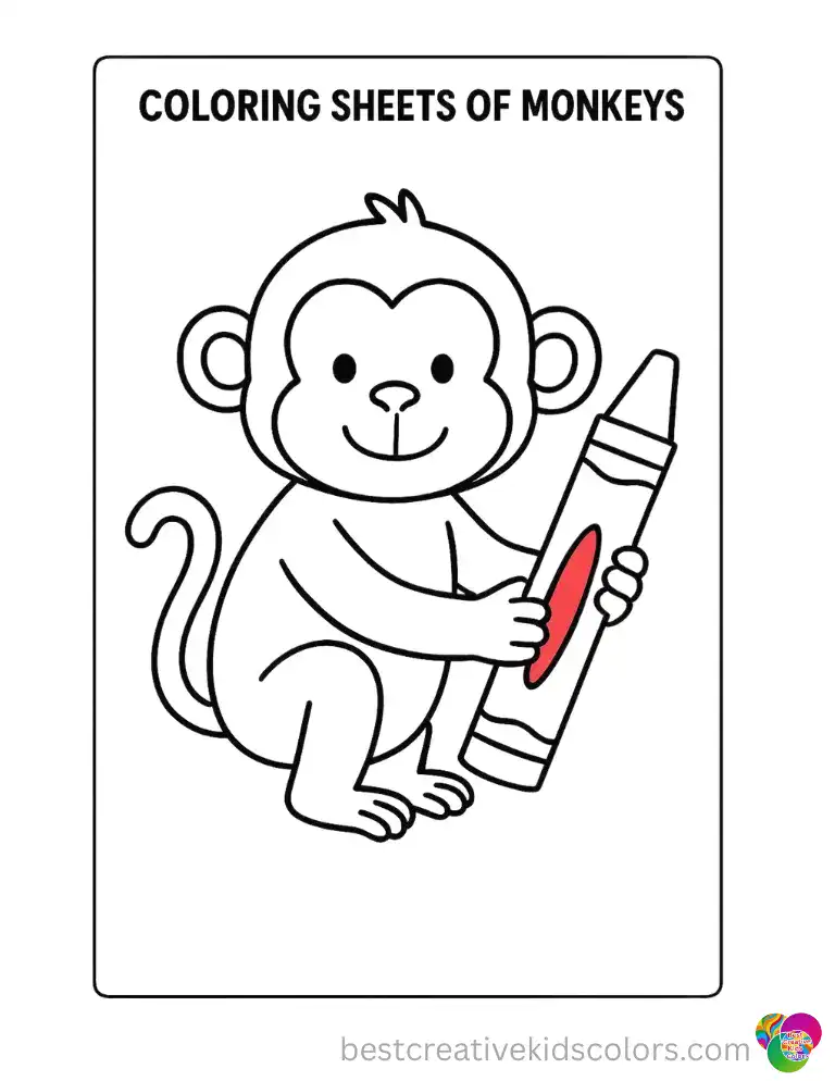 coloring sheets of monkeys displays a creative animal drawing with a red crayon.