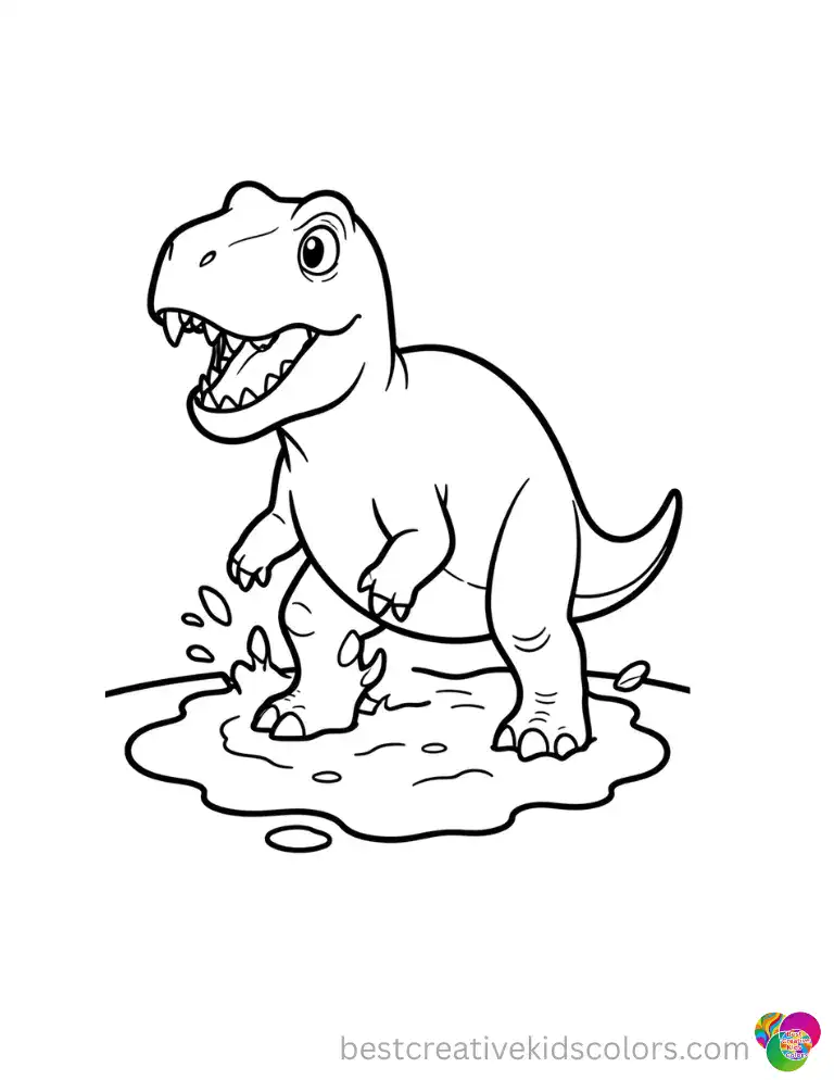 cute coloring pages of dinosaurs features a huge beast stomping a muddy puddle.