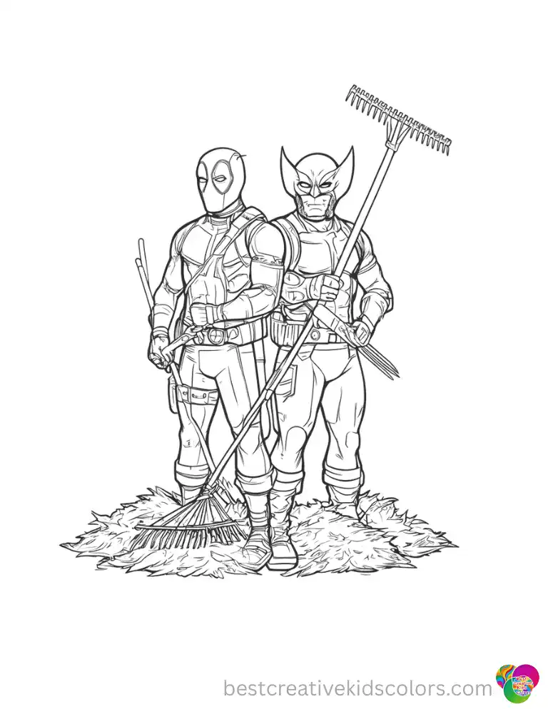 deadpool and wolverine coloring pages printable shows the two heroes raking dry leaves.