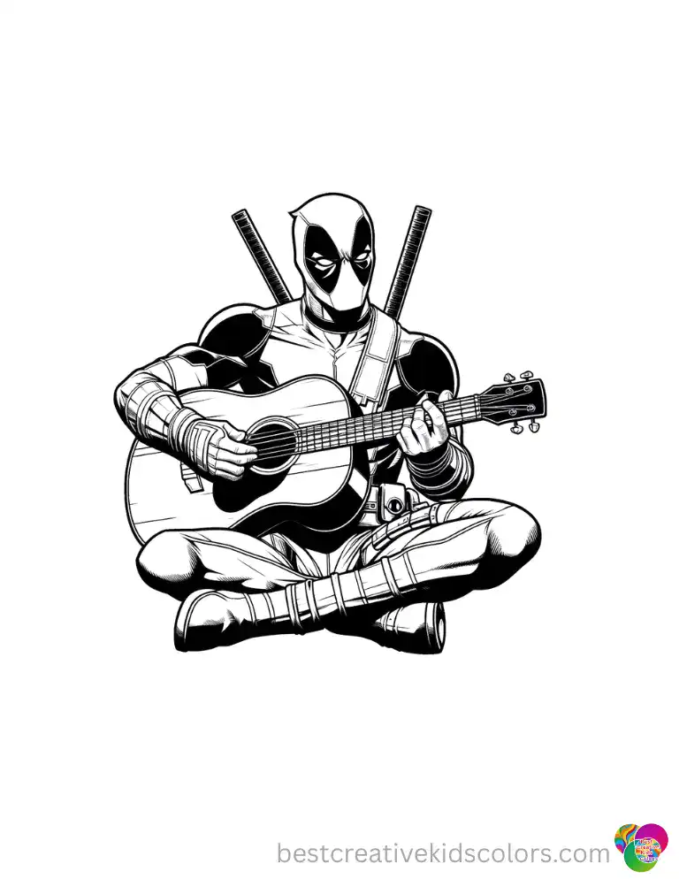 The masked hero strums a wooden acoustic guitar loudly in deadpool color pages.