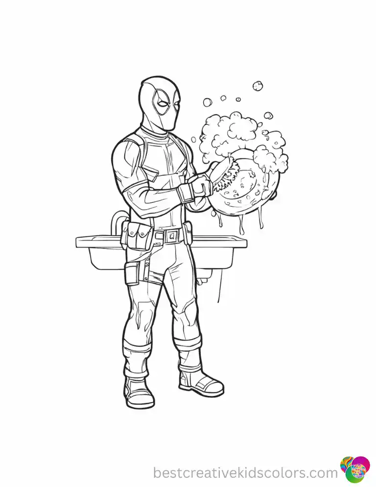 The masked hero scrubs a dirty dining plate with soapy water in deadpool coloring.
