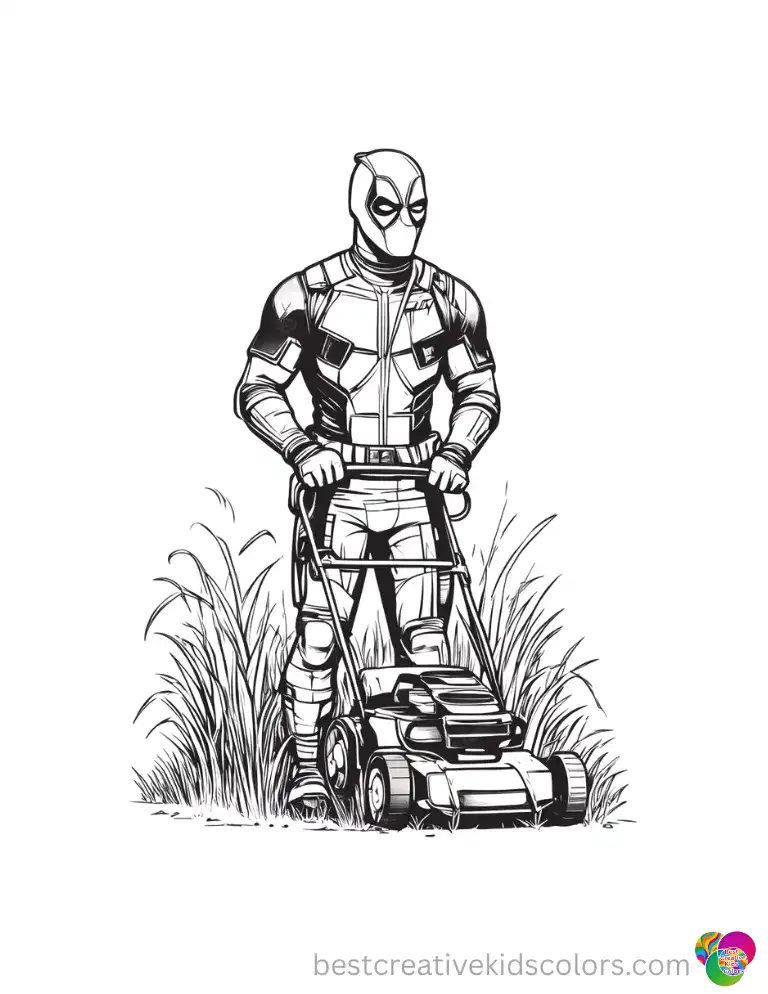  A masked superhero in deadpool colouring mows the tall green grass outside entirely.