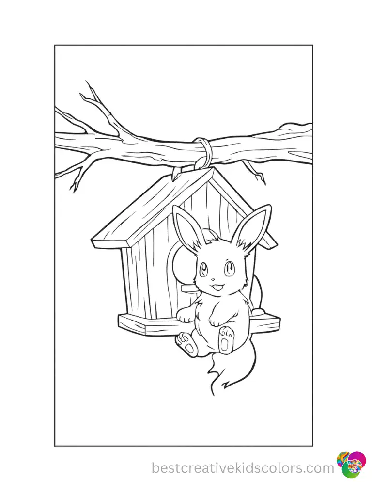 A cozy wooden birdhouse hangs perfectly from an old oak branch in eevee coloring book.