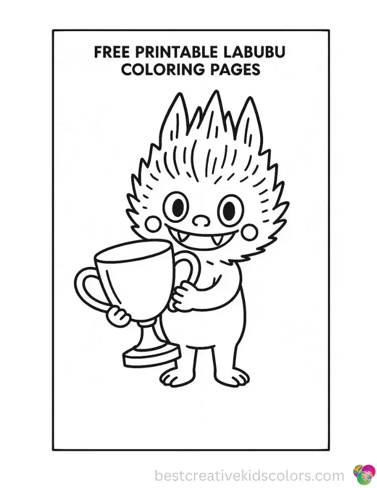 free printable labubu coloring pages features Labubu proudly holding a massive silver trophy.