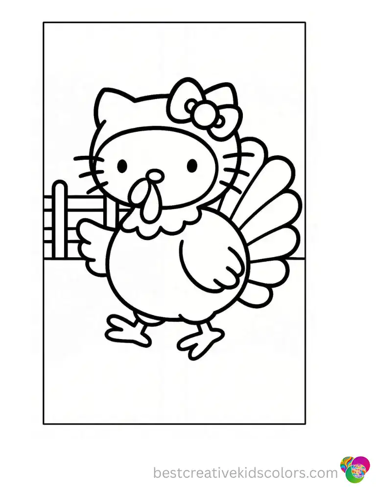 A cute Hello Kitty turkey inside hello kitty turkey coloring page waddles happily near a fence.