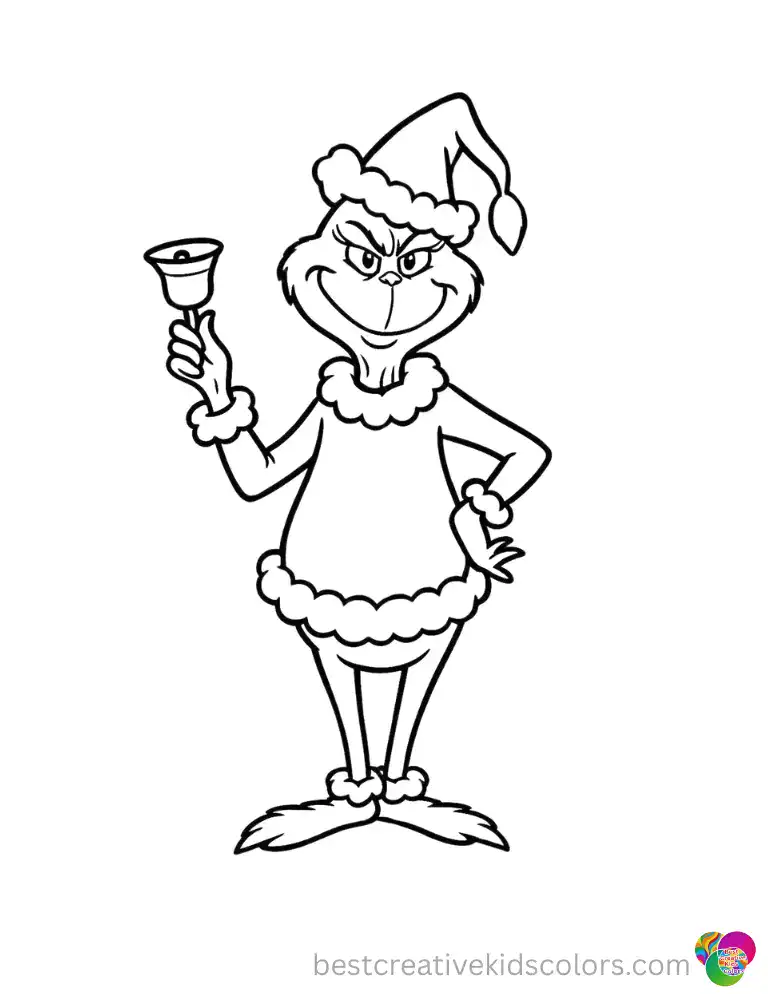 how the grinch stole christmas coloring page displays the grinch ringing a small bell.