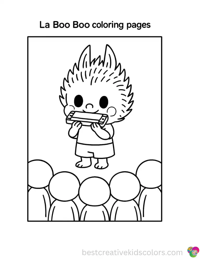 la boo boo coloring pages shows Labubu softly playing a bright blue harmonica for a crowd.