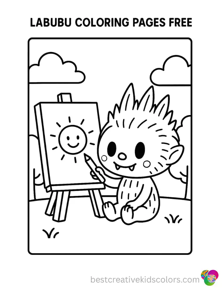 labubu coloring pages free displays Labubu neatly drawing on a large white canvas outdoors.