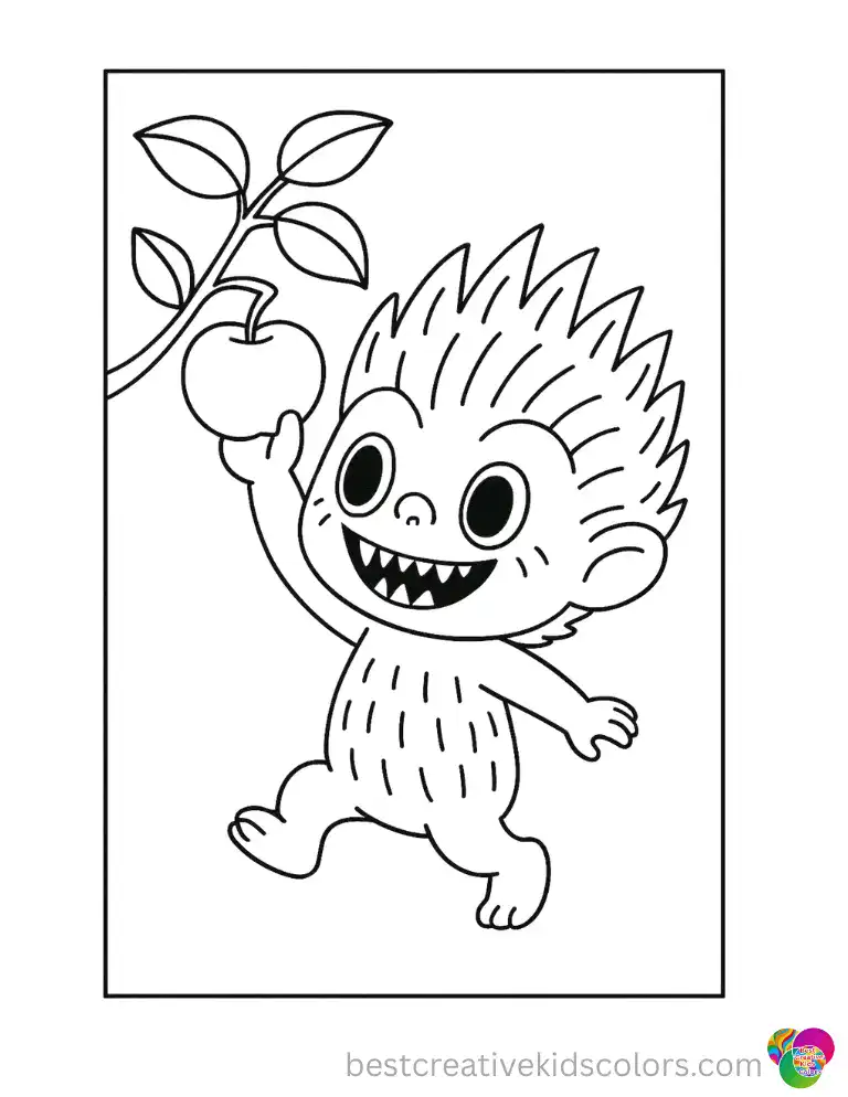 labubu coloring sheet features Labubu happily picking a fresh green apple from a tall branch.