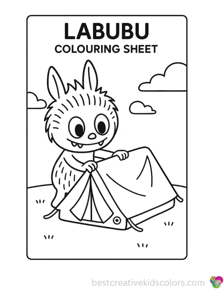 labubu colouring sheet displays Labubu carefully packing a green canvas tent for a camping trip.