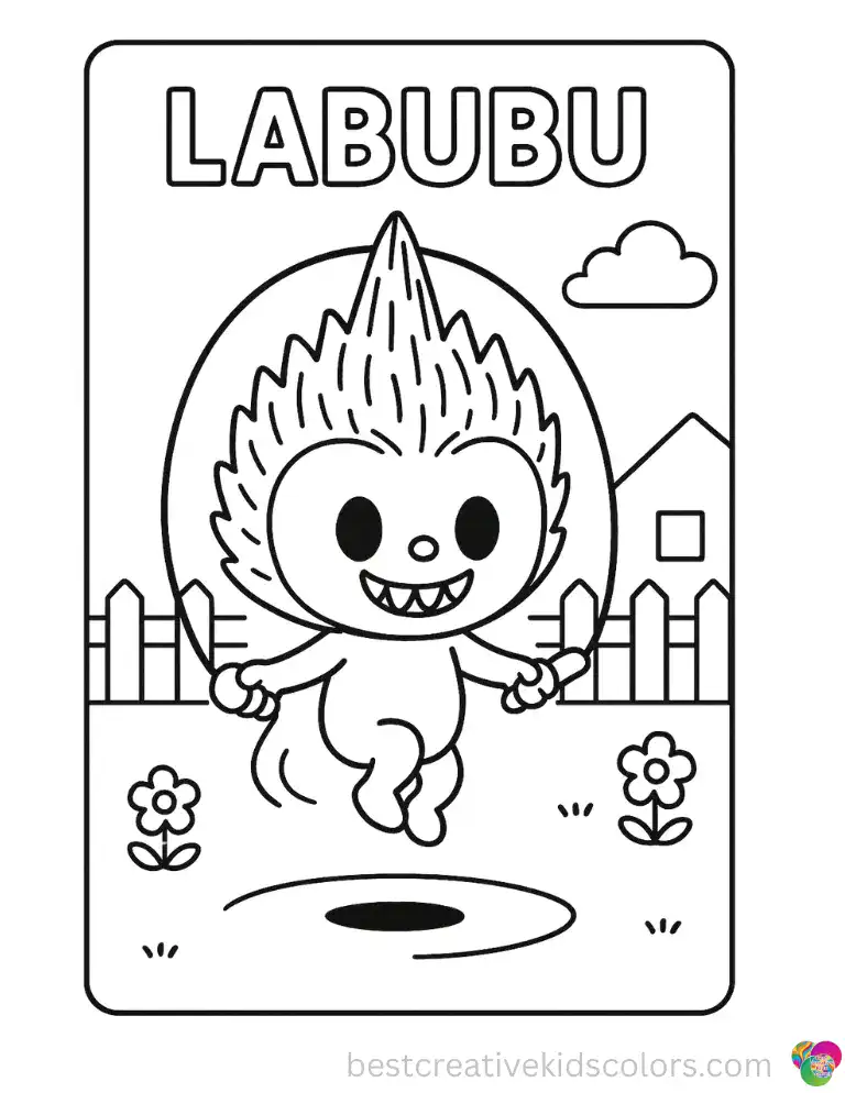 labubu printable coloring pages shows Labubu quickly jumping a thick skipping rope in the yard.