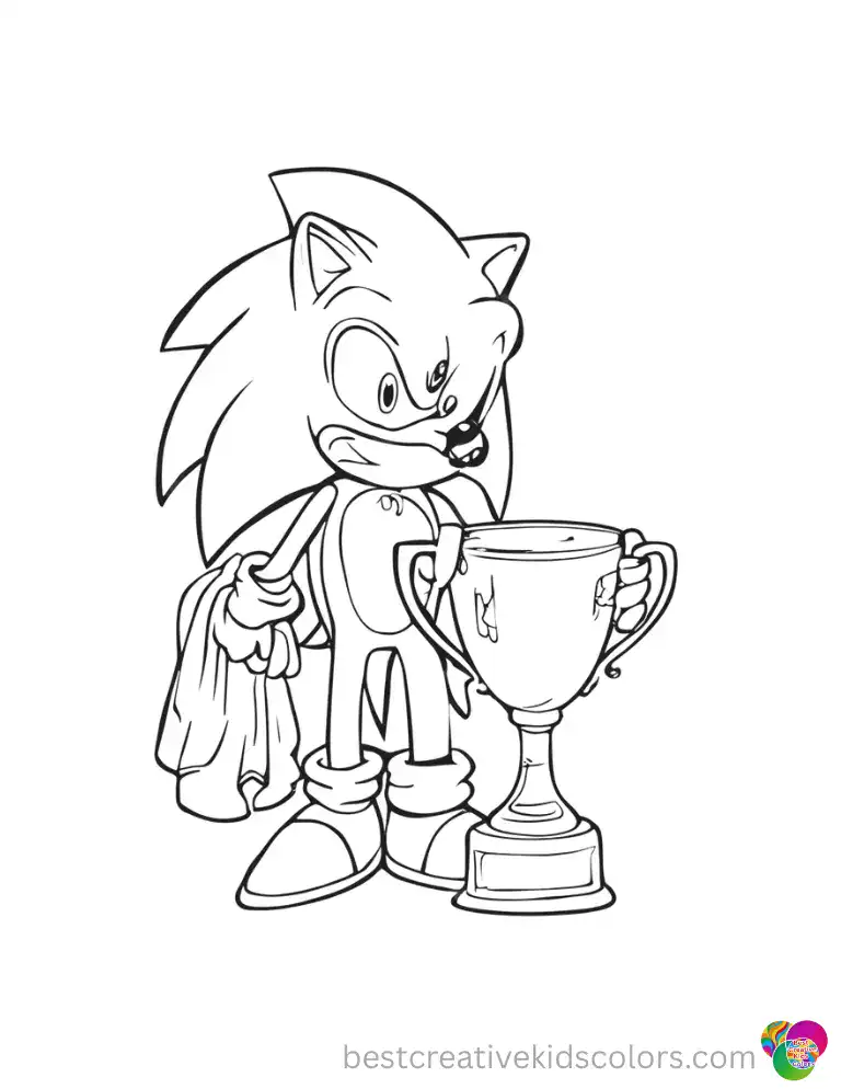 Sonic uses a velvet cloth to polish a shiny golden trophy in these sonic colouring in pages.