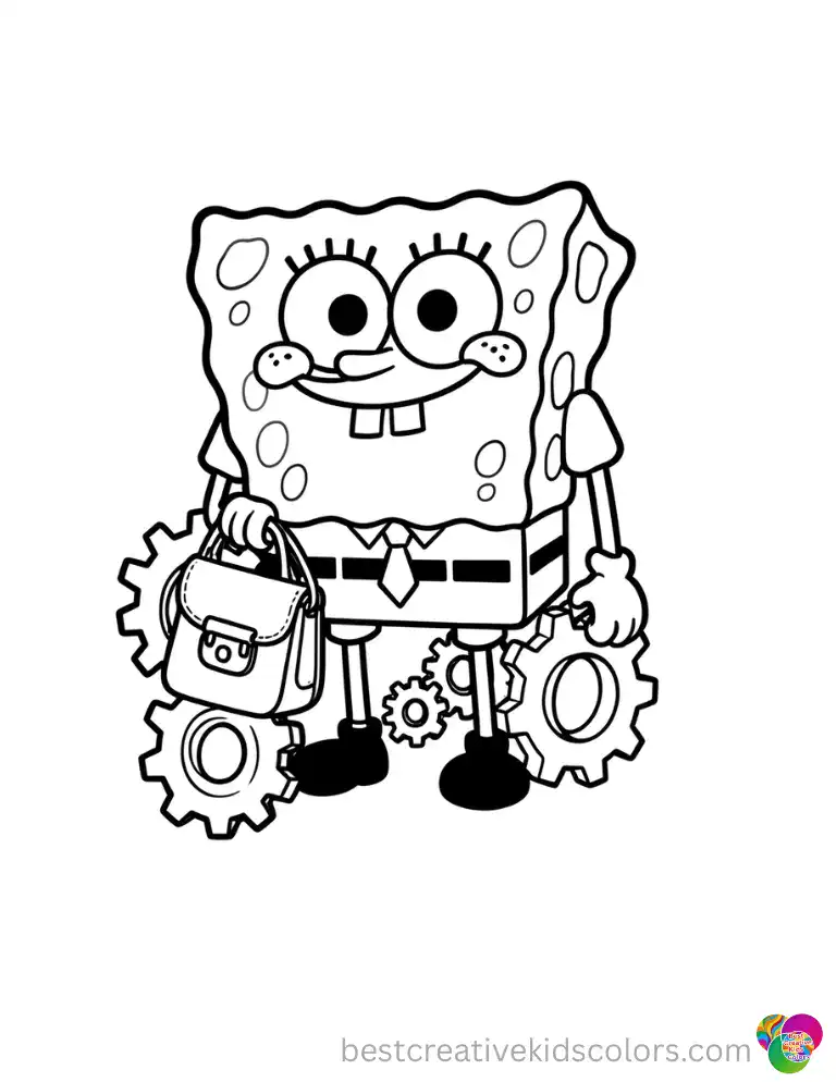 spongebob squarepants coloring sheet shows SpongeBob using a leather satchel to collect heavy iron gears.