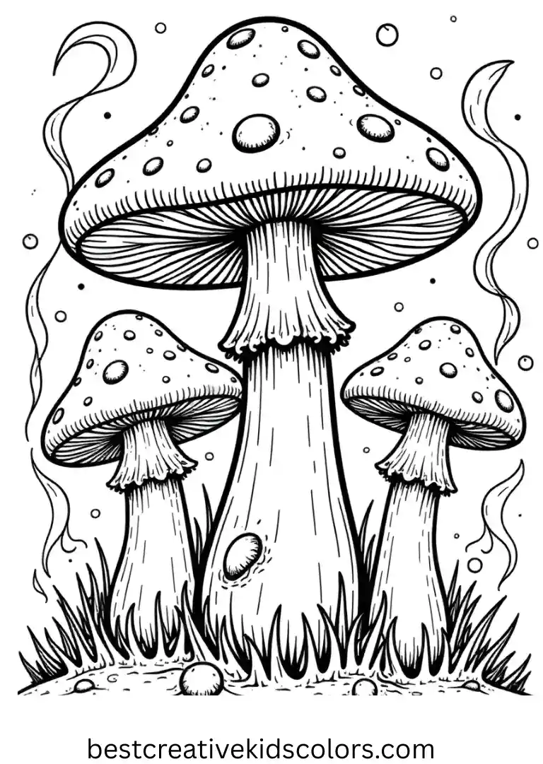 In stoner trippy mushroom coloring page, mushrooms float amid clouds of colorful smoke.