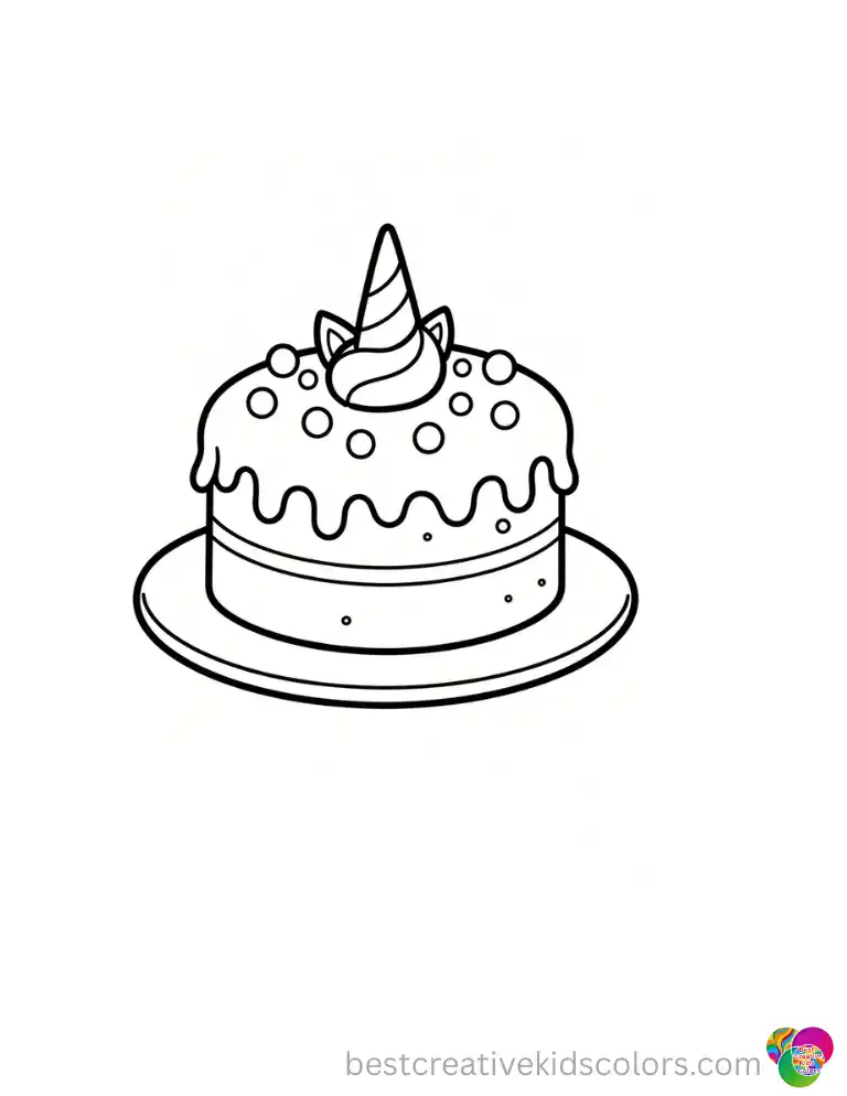 unicorn cake color page shows a decorated pastry jiggling gently on a smooth ceramic dish.