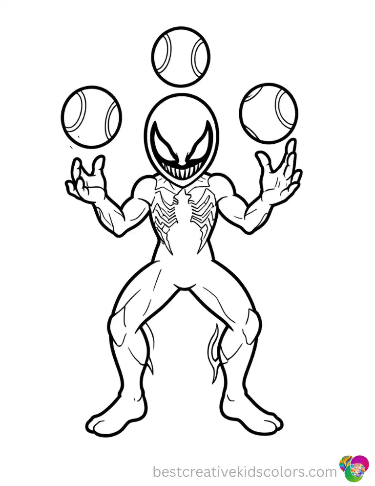 venom coloring pages feature the alien juggling three bright tennis balls easily.
