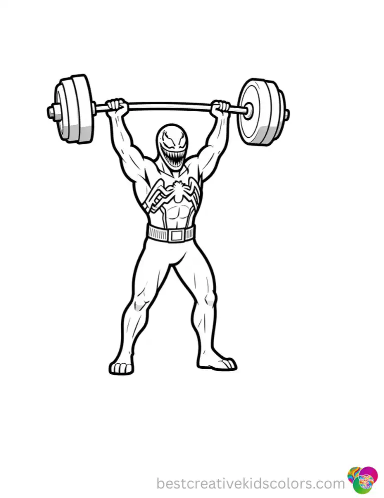 venom colouring pages feature him lifting a heavy iron barbell above his head.