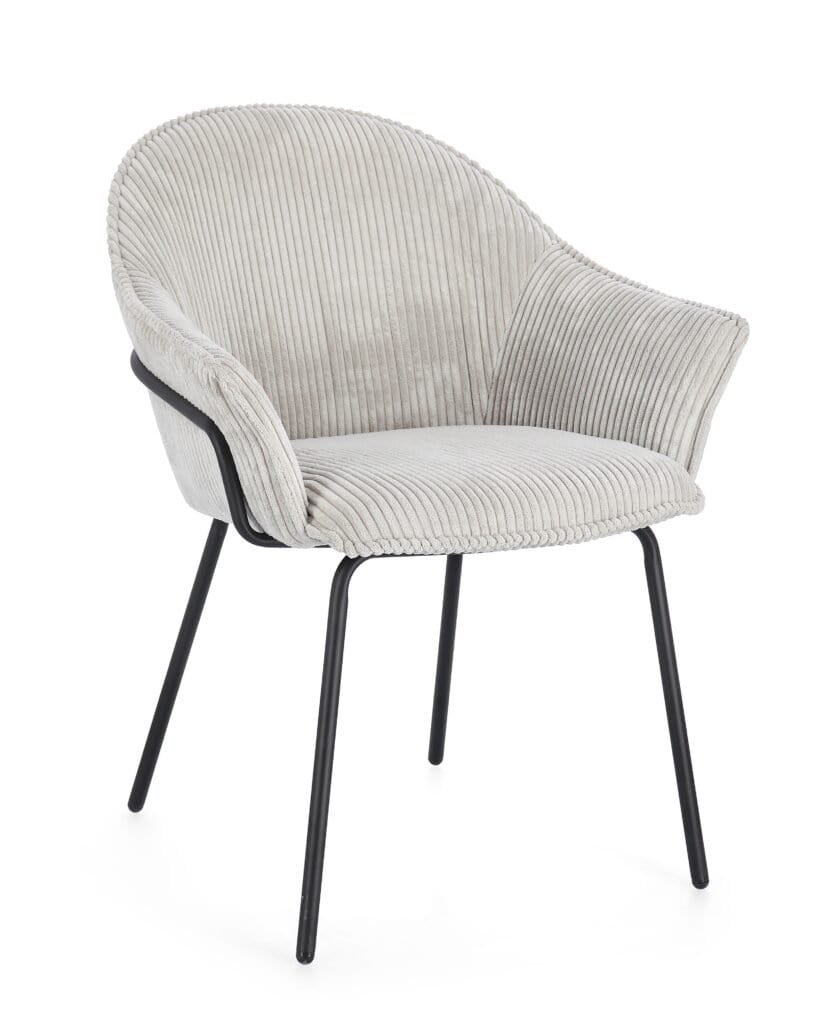 Sedia elegante con struttura in metallo nero e rivestimento in velluto effetto corduroy beige chiaro, perfetta per interni di design.