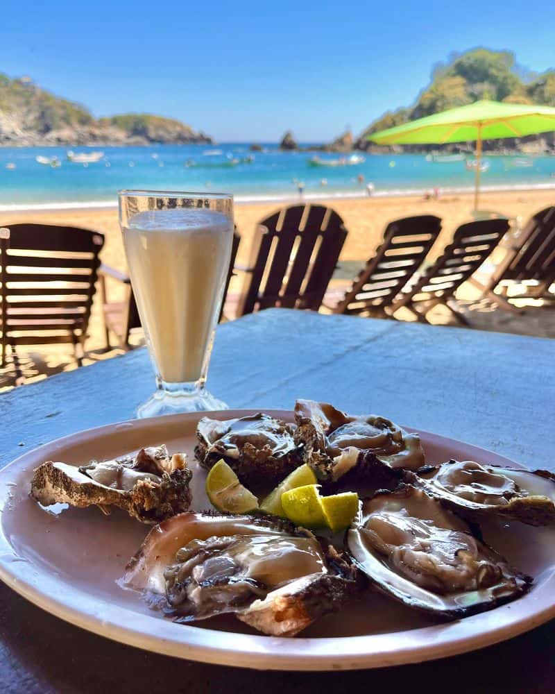 plate of oysters and piña colada at a beachfront restaurant in puerto escondido mexico