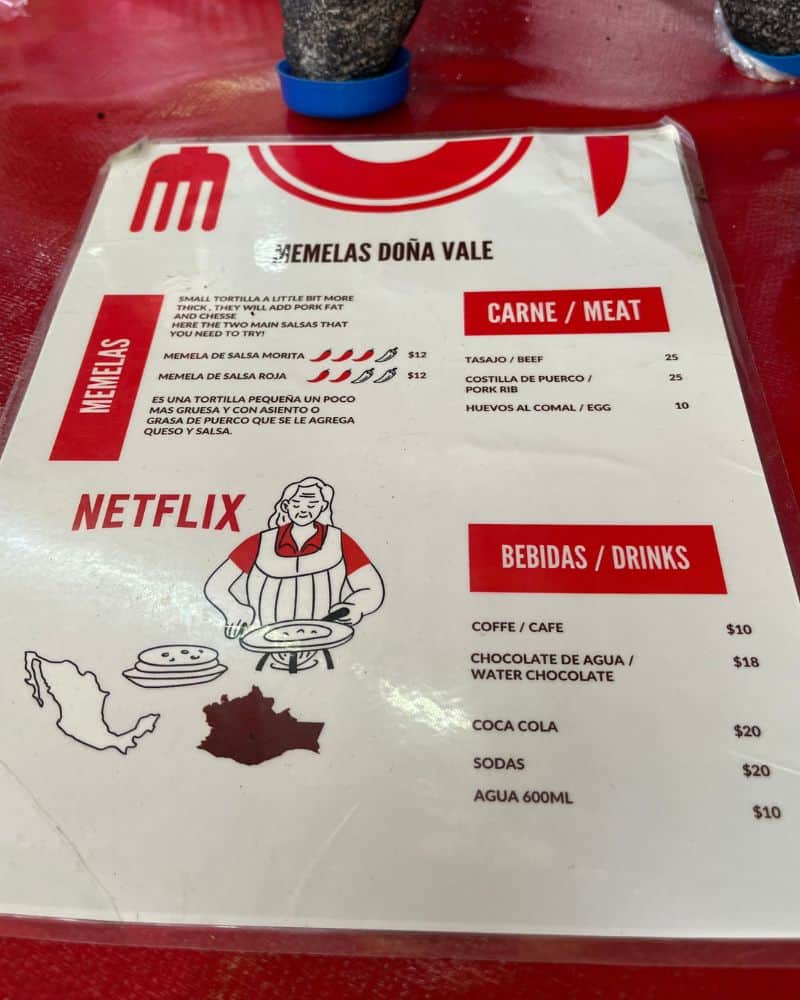 Memelas Dona Vale menu at restaurant in oaxaca mexico