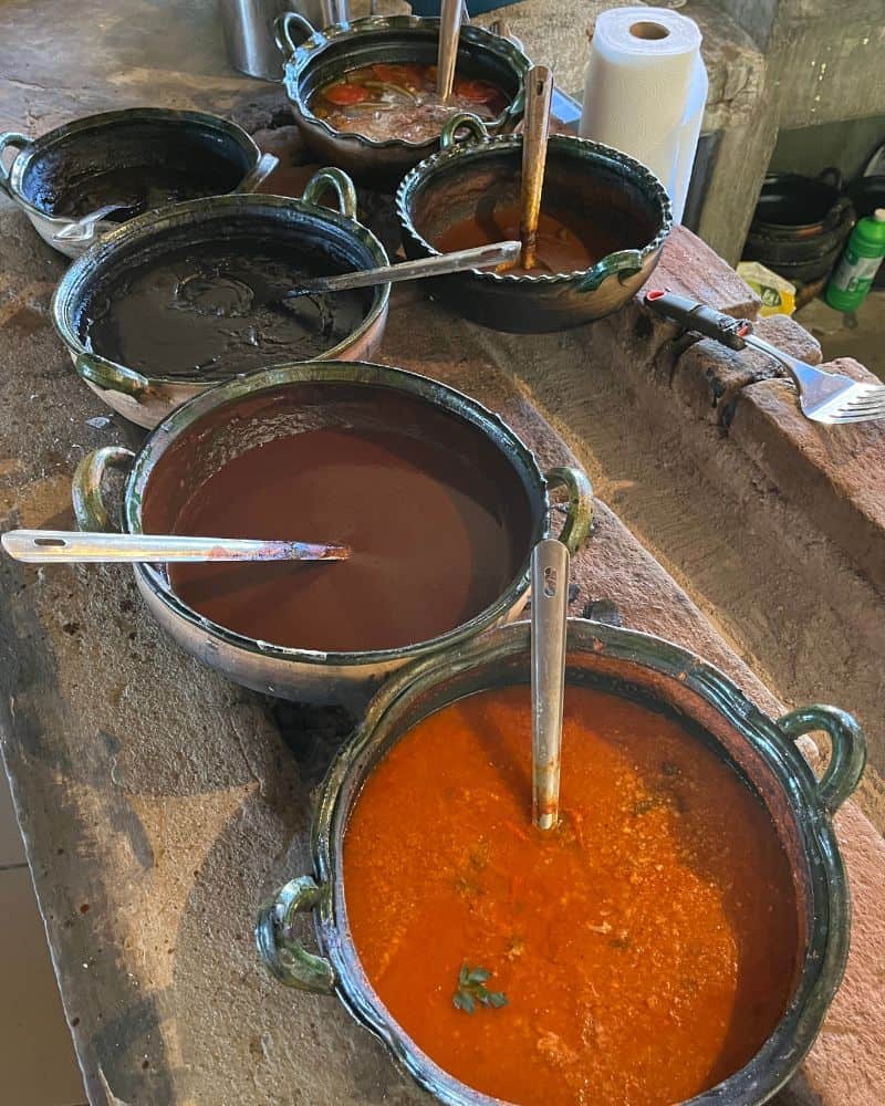 seven oaxaca moles cooking on a stovetop