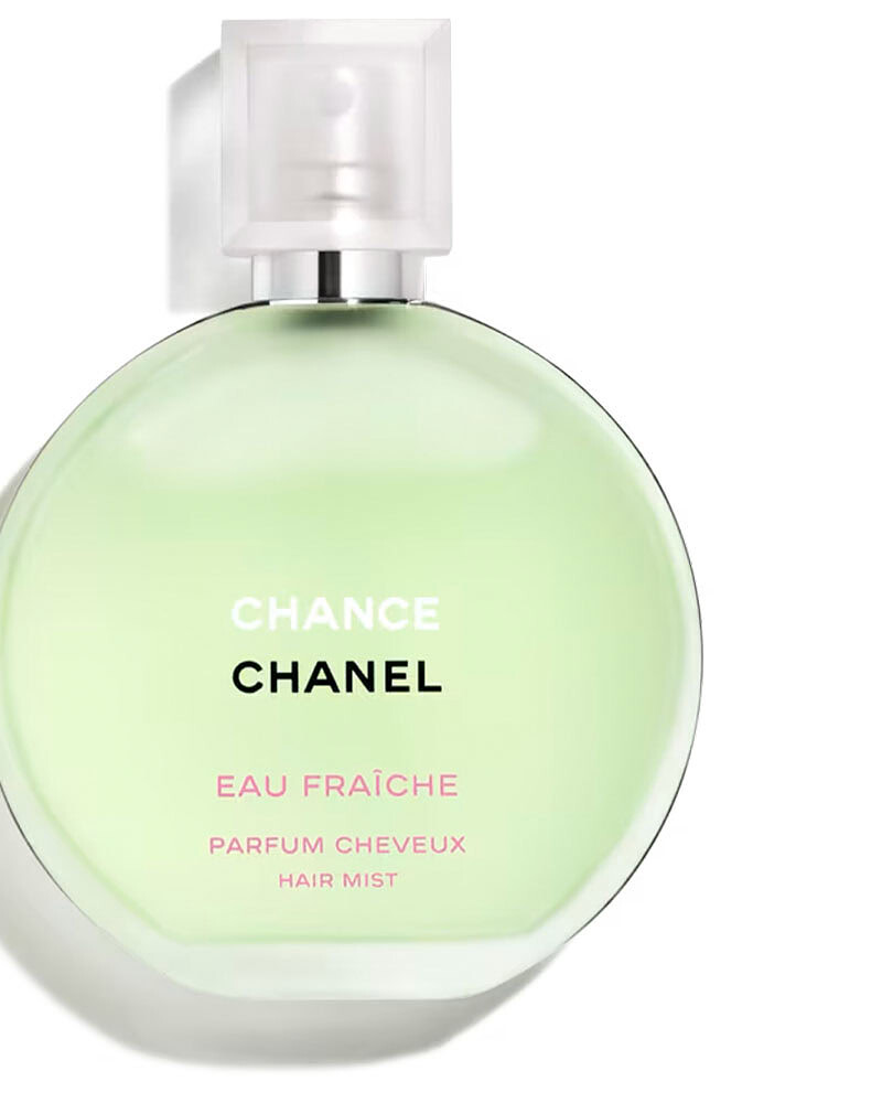 Chanel Chance Eau Fraîche Hair Mist with citron, jasmine, and teak wood in a fresh citrus floral hair perfume format