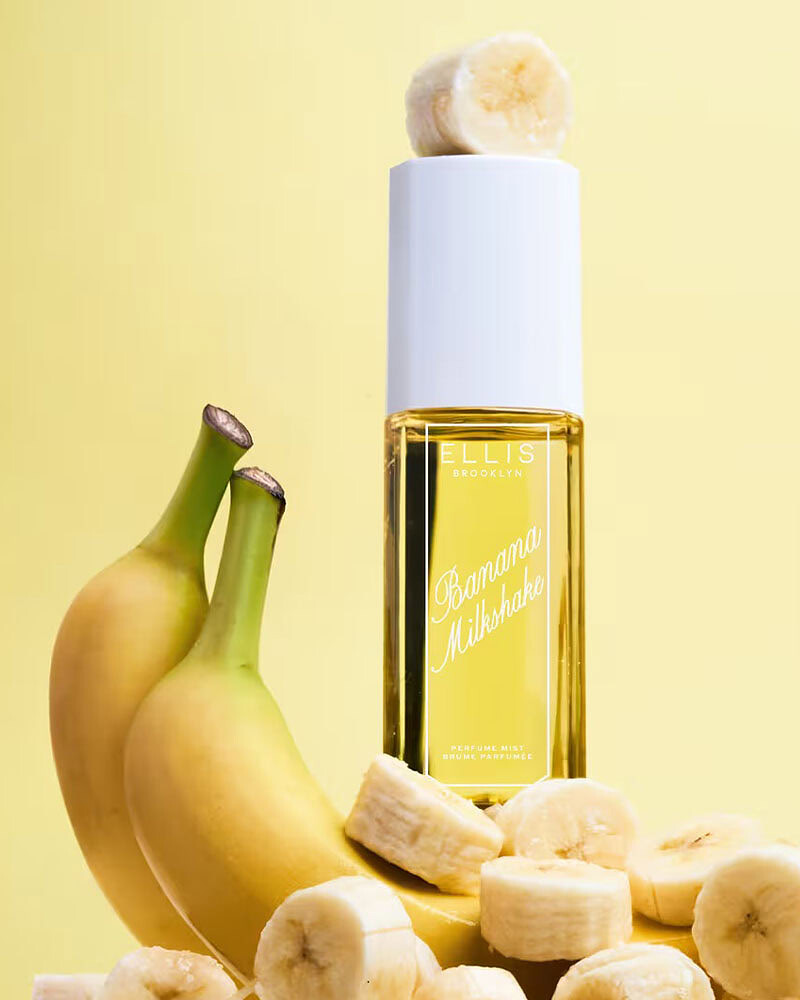 Ellis Brooklyn Banana Milkshake Hair and Body Mist with banana milk, vanilla orchid, ice cream, rum, tonka bean, and creamy fruit gourmand facets
