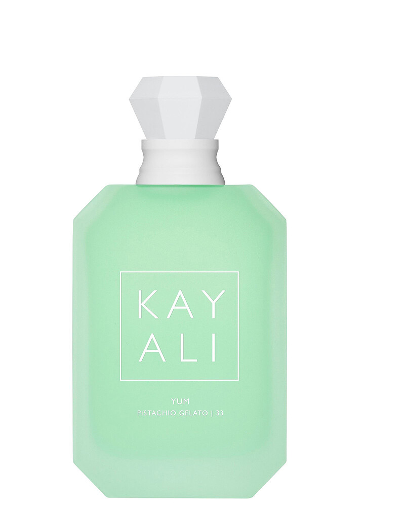 Kayali Yum Pistachio Gelato 33 Eau de Parfum with pistachio, ice cream, hazelnut, rum, jasmine, whipped cream, marshmallow, and sandalwood
