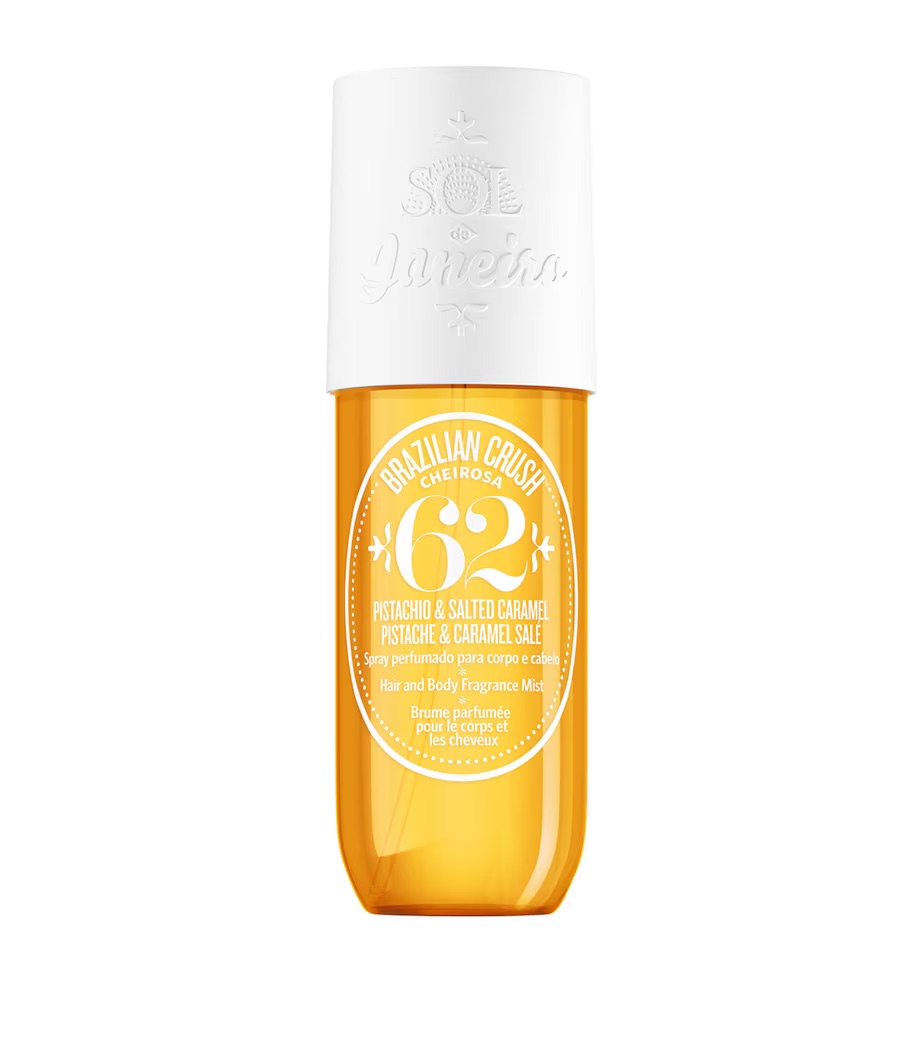 Sol de Janeiro Cheirosa 62 fragrance mist with pistachio, almond, heliotrope, jasmine petals, vanilla, salted caramel, and sandalwood