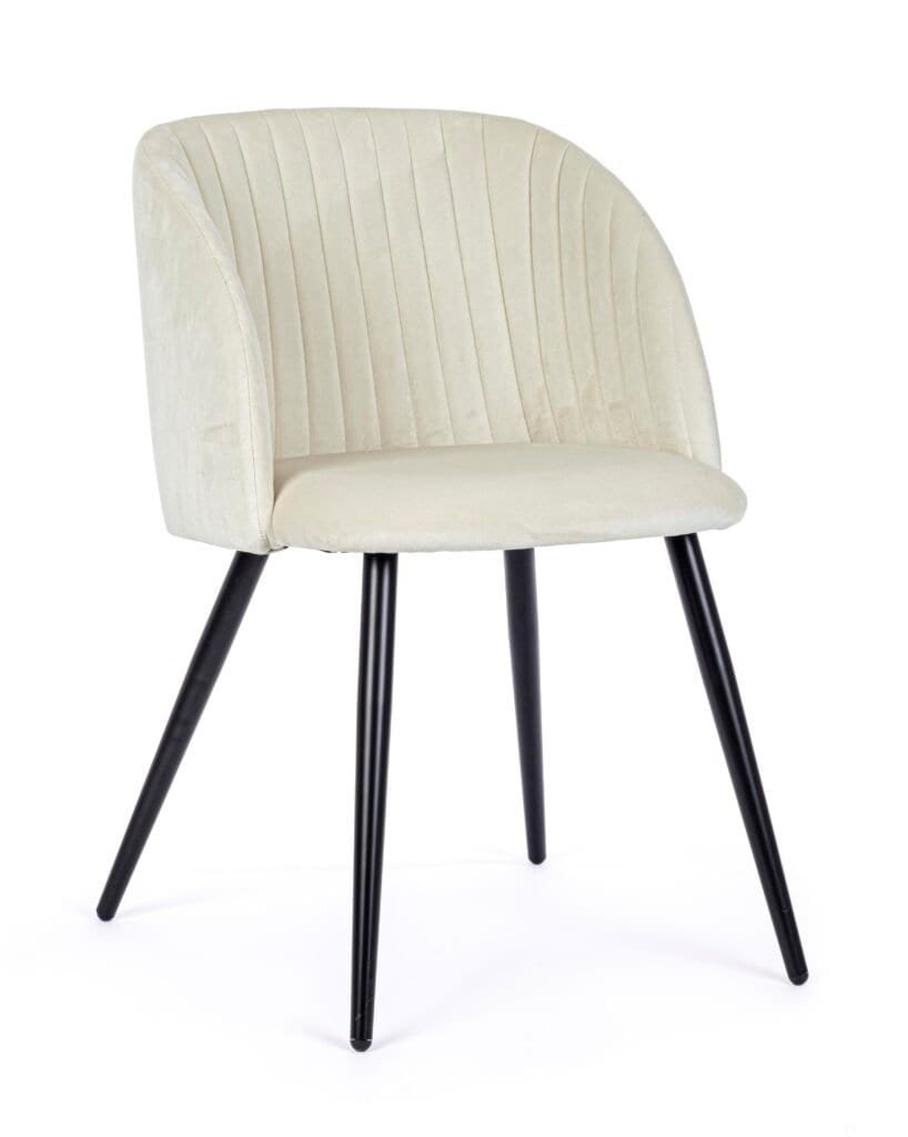 Sedia in velluto beige con gambe nere, stile elegante e confortevole per soggiorno e cucina.