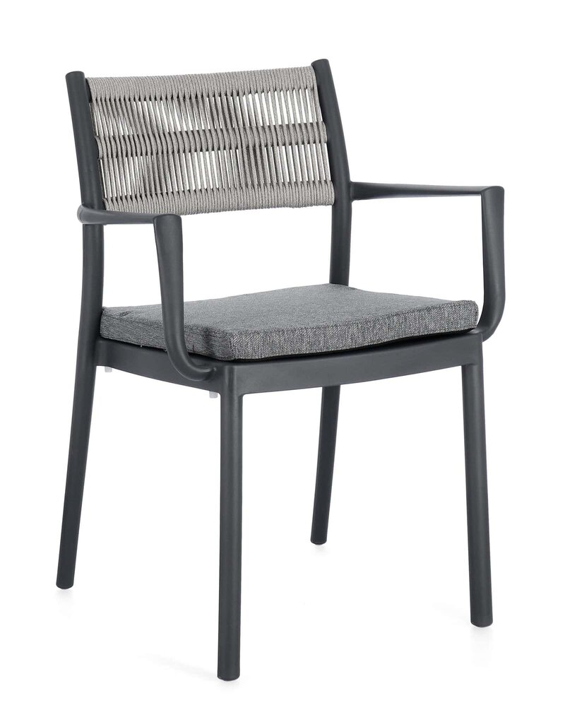 Sedie da esterno con struttura in metallo nero e sedile e schienale in tessuto intrecciato beige - design moderno.